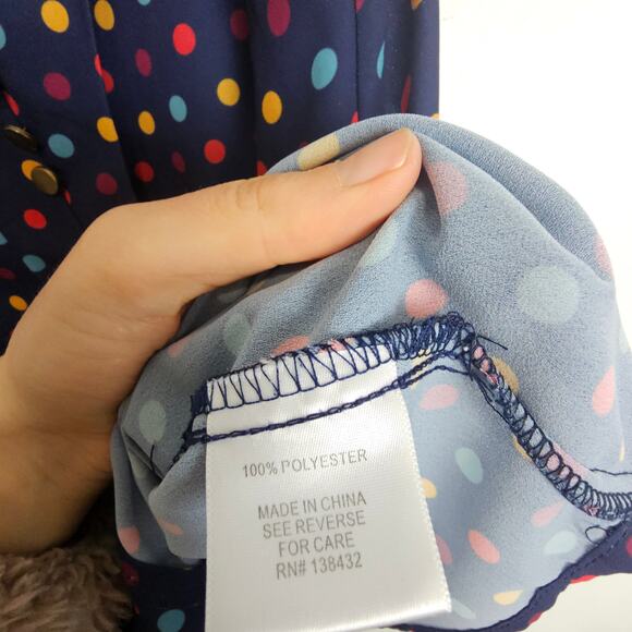 Modcloth Blouse Sleeveless Top Navy Blue Polka Dot Vneck Shirt Women L Tank Top - Picture 6 of 8